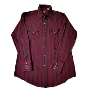 Plains Western Wear Men's Burgandy Striped Pearl Snap Long Sleeve Shirt Size Med